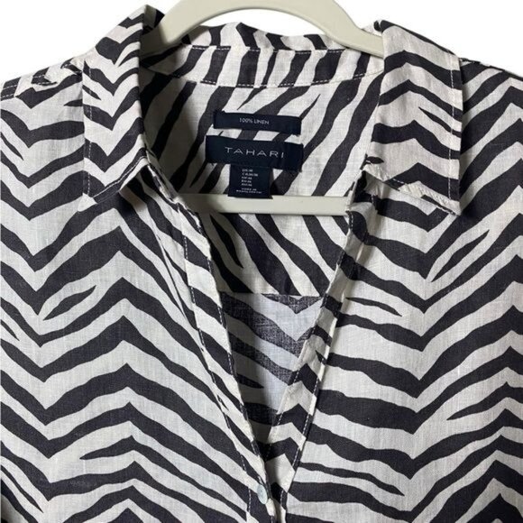 Tahari Linen Button Up Blouse Size Medium Oversized Lagom Animal Print Zebra - Picture 3 of 7